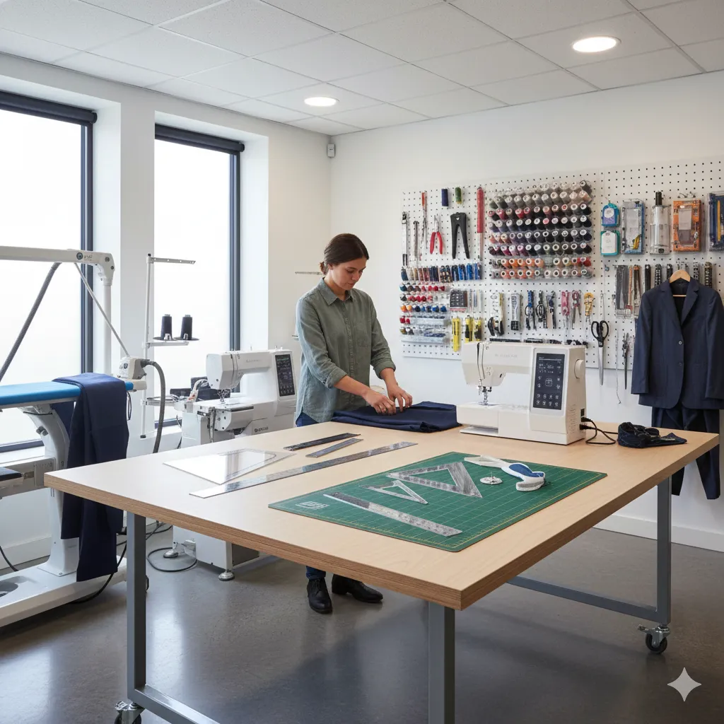 Modern sewing equipment and tools used for professional garment alterations