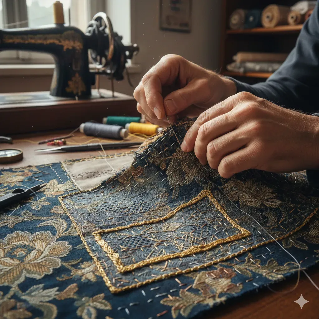 Detailed fabric repair work showcasing precision stitching and restoration techniques