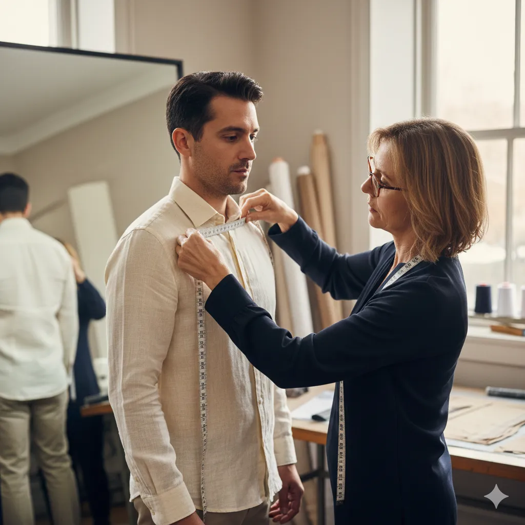 Custom fitting process showing detailed measurement and personalized garment adjustments